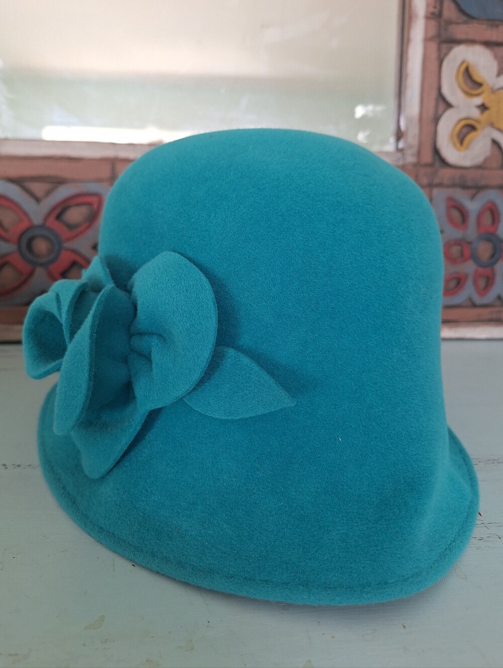 Vintage Lord & Taylor Teal Felt Cloche Hat with 3-D Floral Detail